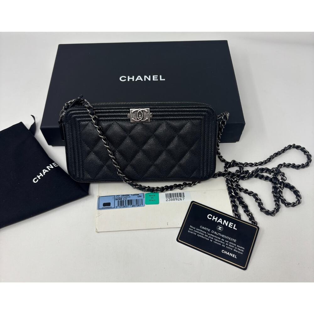 MINT! Chanel Caviar Boy WOC Chain Wallet Iridescent Black Double Zip RARE